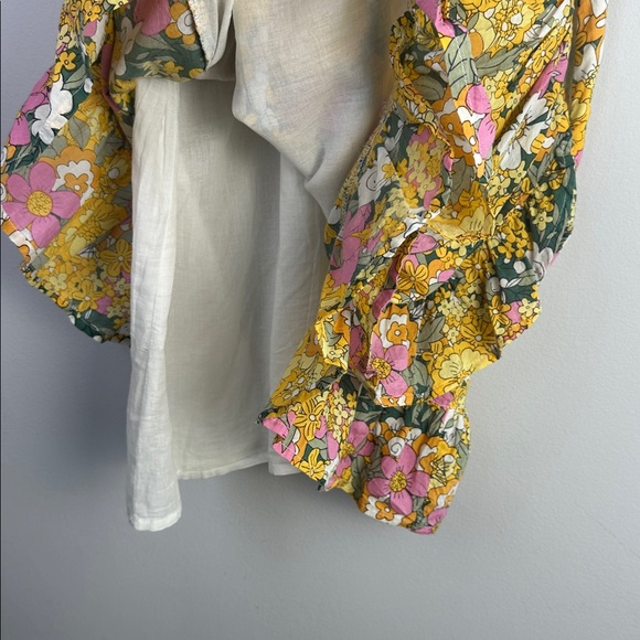 RAHI The Petra Dress Puff Sleeve Ruched Fauxed Wrap Ruffle Floral Cotton Large - Picture 11 of 16